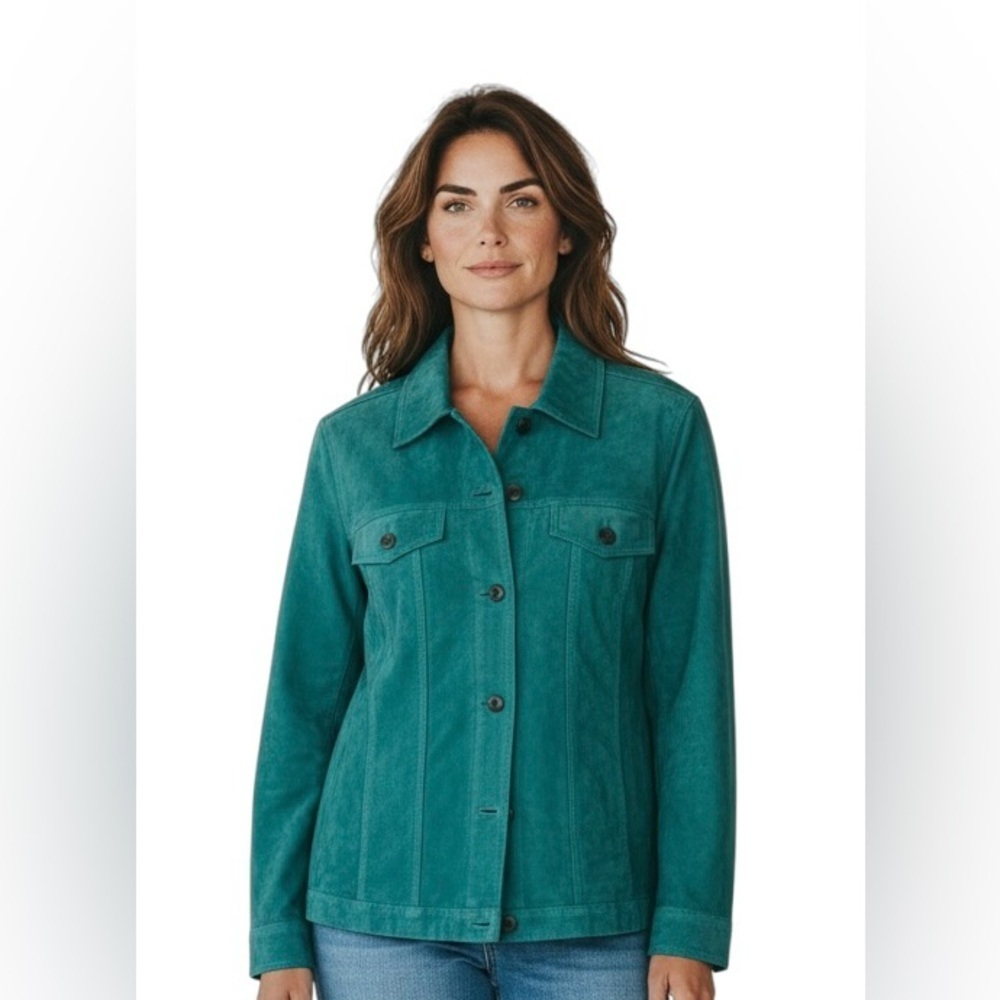 Denim & Company Aqua Leather Suede Jacket M Lined Pockets Full Button Up Fall